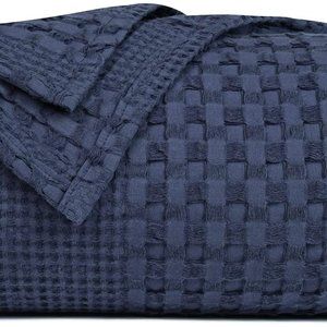 Luxury Cotton Waffle Weave Blanket Queen Navy